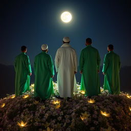 Five men standing on a mountain covered with blooming flowers, one wearing a complete white Islamic era attire, while the others are dressed in complete green Islamic era outfits