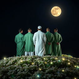 Five men standing on a mountain covered with blooming flowers, one wearing a complete white Islamic era attire, while the others are dressed in complete green Islamic era outfits
