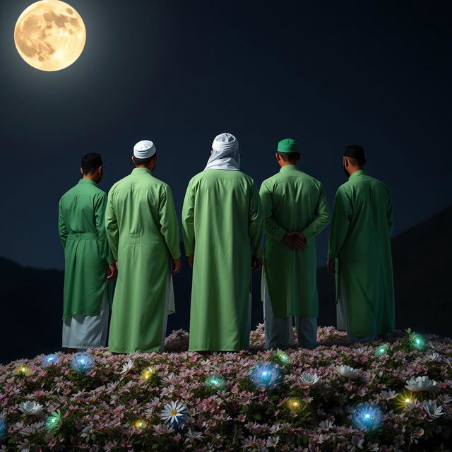 Five men standing on a mountain covered with blooming flowers, one wearing a complete white Islamic era attire, while the others are dressed in complete green Islamic era outfits
