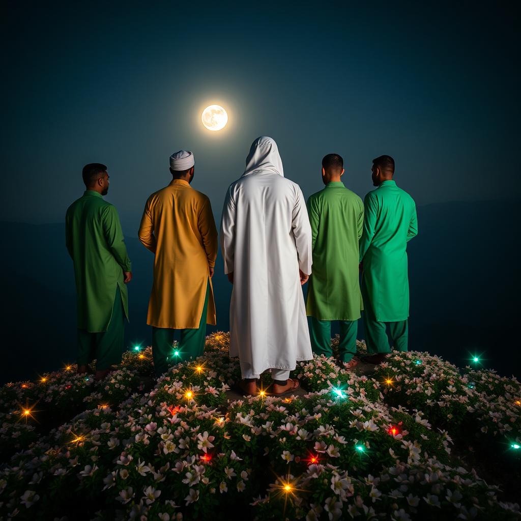 Five men standing on a mountain covered with blooming flowers, one wearing a complete white Islamic era attire, while the others are dressed in complete green Islamic era outfits