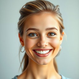 A beautifully enhanced portrait of a young adult with a symmetrical face and perfect teeth, showcasing a soft smile