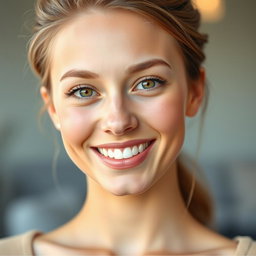 A beautifully enhanced portrait of a young adult with a symmetrical face and perfect teeth, showcasing a soft smile
