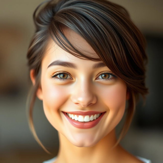 A beautifully enhanced portrait of a young adult with a symmetrical face and perfect teeth, showcasing a soft smile