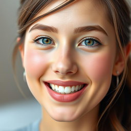 A beautifully enhanced portrait of a young adult with a symmetrical face and perfect teeth, showcasing a soft smile
