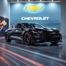 A sleek, metallic black Chevrolet Malibu Supercar, featuring official original look doors and razor-sharp lines, captured in a close angle from the straight front side view