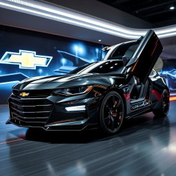 A sleek, metallic black Chevrolet Malibu Supercar, featuring official original look doors and razor-sharp lines, captured in a close angle from the straight front side view