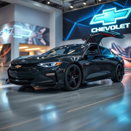 A sleek, metallic black Chevrolet Malibu Supercar, featuring official original look doors and razor-sharp lines, captured in a close angle from the straight front side view