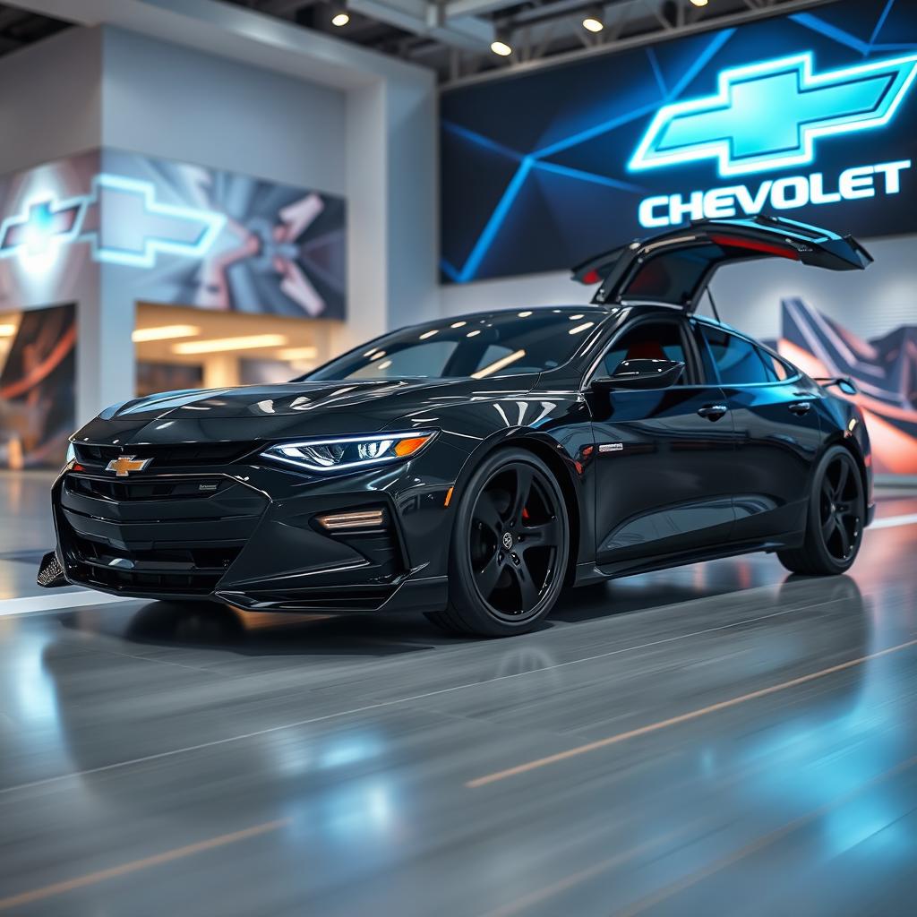 A sleek, metallic black Chevrolet Malibu Supercar, featuring official original look doors and razor-sharp lines, captured in a close angle from the straight front side view