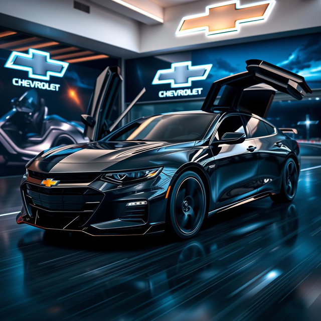 A sleek, metallic black Chevrolet Malibu Supercar, featuring official original look doors and razor-sharp lines, captured in a close angle from the straight front side view
