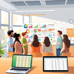 An imaginative illustration representing an economics project, featuring a diverse group of students in a bright, modern classroom