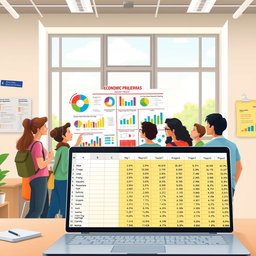 An imaginative illustration representing an economics project, featuring a diverse group of students in a bright, modern classroom