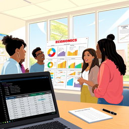 An imaginative illustration representing an economics project, featuring a diverse group of students in a bright, modern classroom