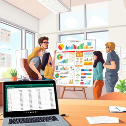 An imaginative illustration representing an economics project, featuring a diverse group of students in a bright, modern classroom