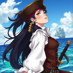A fierce pirate girl with long, flowing dark hair adorned with beads, wearing a classic pirate outfit featuring a fitted leather vest and a billowing white blouse