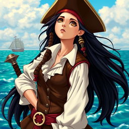 A fierce pirate girl with long, flowing dark hair adorned with beads, wearing a classic pirate outfit featuring a fitted leather vest and a billowing white blouse