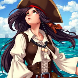 A fierce pirate girl with long, flowing dark hair adorned with beads, wearing a classic pirate outfit featuring a fitted leather vest and a billowing white blouse