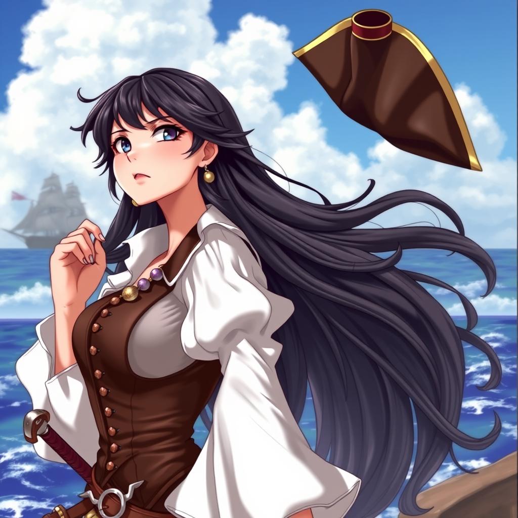 A fierce pirate girl with long, flowing dark hair adorned with beads, wearing a classic pirate outfit featuring a fitted leather vest and a billowing white blouse