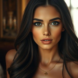 A stunning Romanian woman with long, dark hair, showcasing elegant features including olive skin and deep black eyes