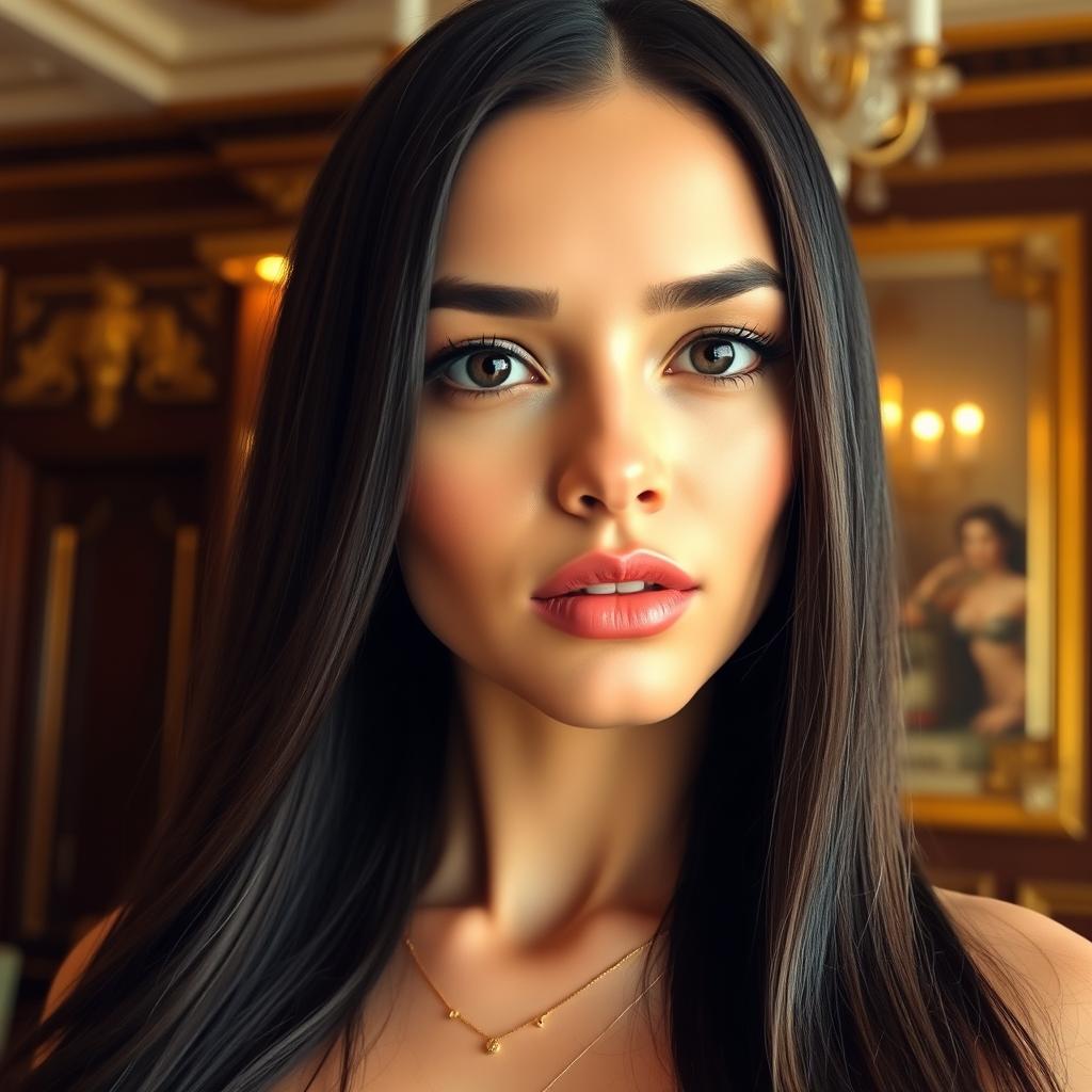 A stunning Romanian woman with long, dark hair, showcasing elegant features including olive skin and deep black eyes