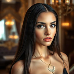A stunning Romanian woman with long, dark hair, showcasing elegant features including olive skin and deep black eyes