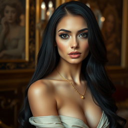 A stunning Romanian woman with long, dark hair, showcasing elegant features including olive skin and deep black eyes