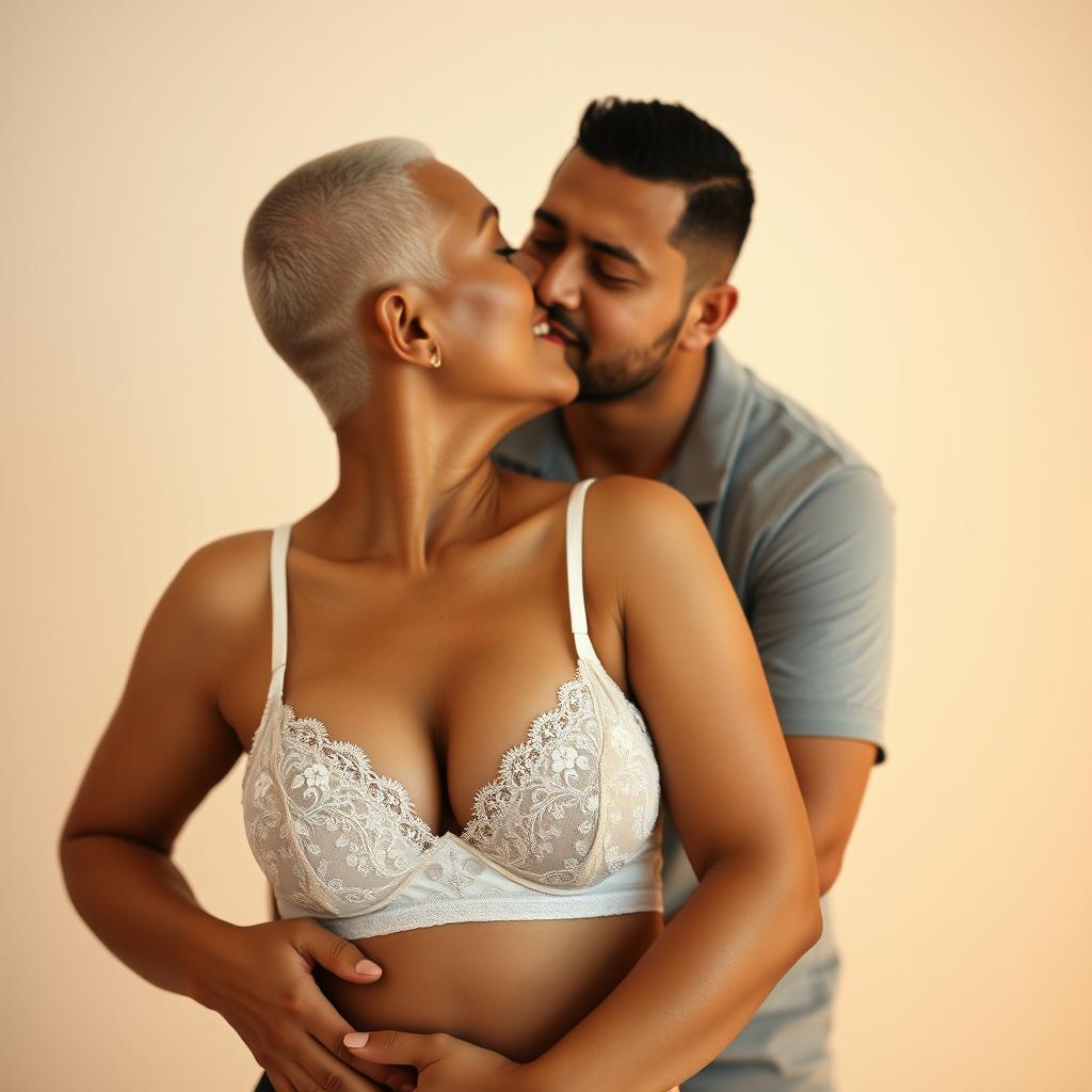 A 39-year-old Indonesian man with pure white skin is affectionately hugging a beautiful 28-year-old woman from behind, gently kissing her cheek