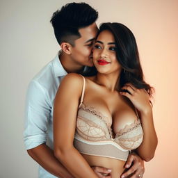 A 39-year-old Indonesian man with pure white skin is affectionately hugging a beautiful 28-year-old woman from behind, gently kissing her cheek