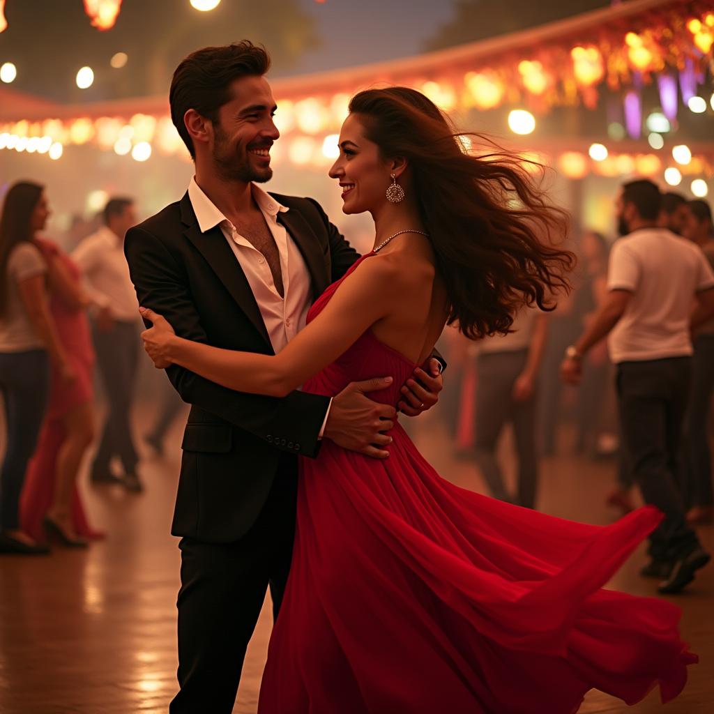 A vibrant Latin dance scene featuring a couple passionately dancing in an energetic environment