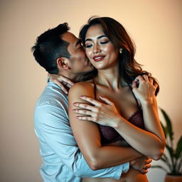 A 39-year-old Indonesian man with pure white skin is holding a beautiful 28-year-old woman from behind in a very affectionate hug, planting a kiss on her cheek