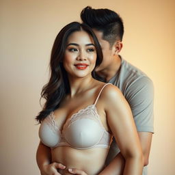 A 39-year-old Indonesian man with pure white skin is holding a beautiful 28-year-old woman from behind in a very affectionate hug, planting a kiss on her cheek
