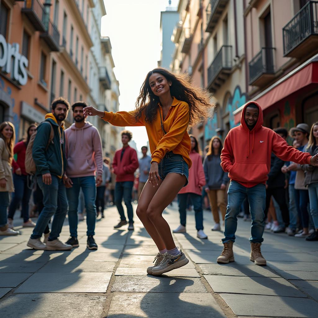 A vibrant street dancing scene featuring a diverse group of dancers showcasing their energetic moves on a city sidewalk