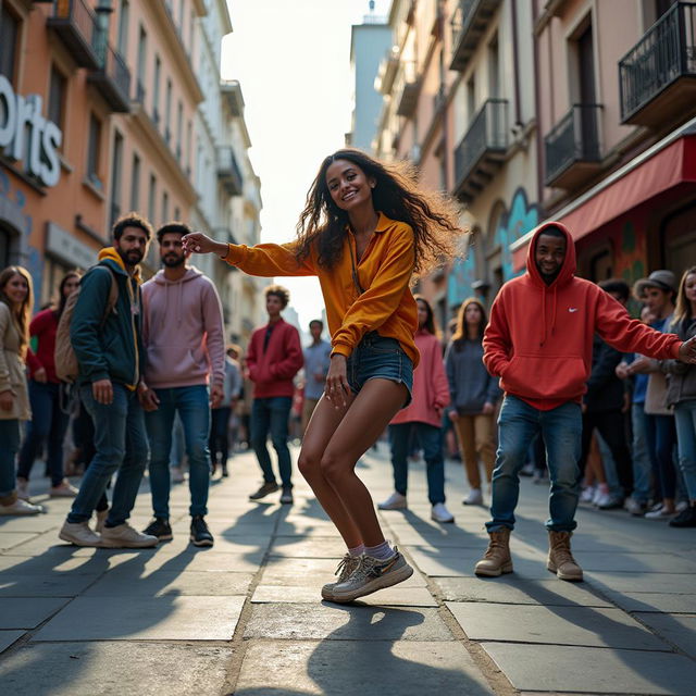 A vibrant street dancing scene featuring a diverse group of dancers showcasing their energetic moves on a city sidewalk