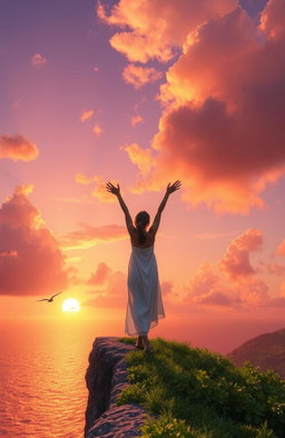 A serene landscape with a person standing on the edge of a cliff, overlooking a breathtaking sunset