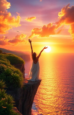 A serene landscape with a person standing on the edge of a cliff, overlooking a breathtaking sunset