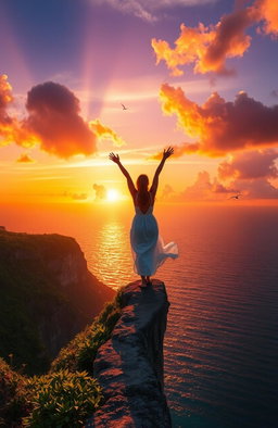 A serene landscape with a person standing on the edge of a cliff, overlooking a breathtaking sunset