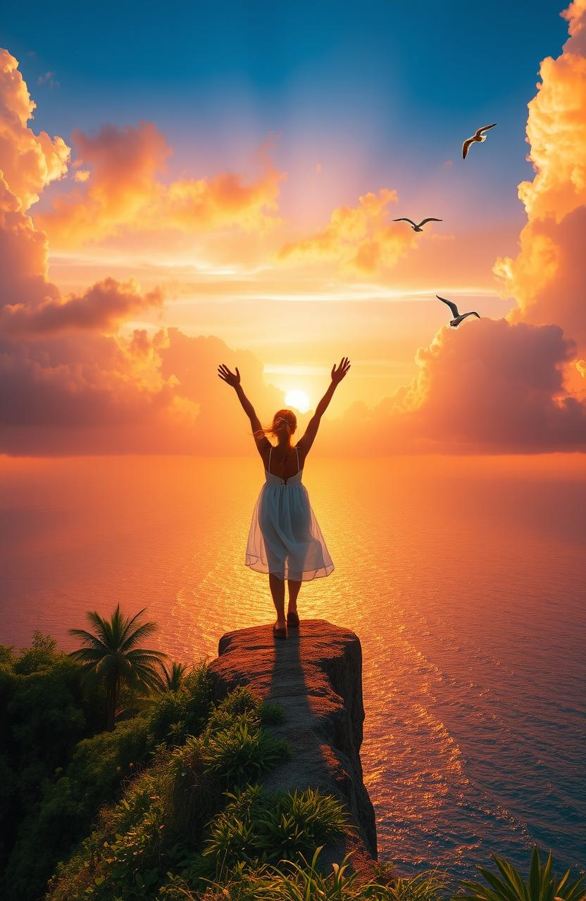 A serene landscape with a person standing on the edge of a cliff, overlooking a breathtaking sunset