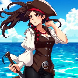 A fierce pirate girl with long, flowing dark hair adorned with beads, wearing a classic pirate outfit consisting of a fitted leather vest and a billowing white blouse