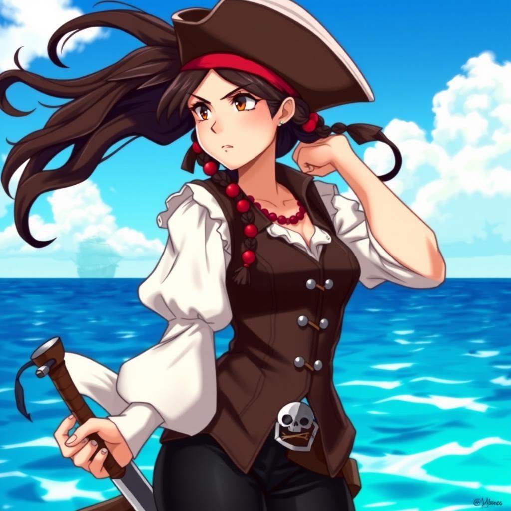 A fierce pirate girl with long, flowing dark hair adorned with beads, wearing a classic pirate outfit consisting of a fitted leather vest and a billowing white blouse