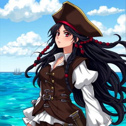 A fierce pirate girl with long, flowing dark hair adorned with beads, wearing a classic pirate outfit consisting of a fitted leather vest and a billowing white blouse