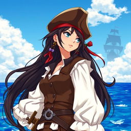 A fierce pirate girl with long, flowing dark hair adorned with beads, wearing a classic pirate outfit consisting of a fitted leather vest and a billowing white blouse