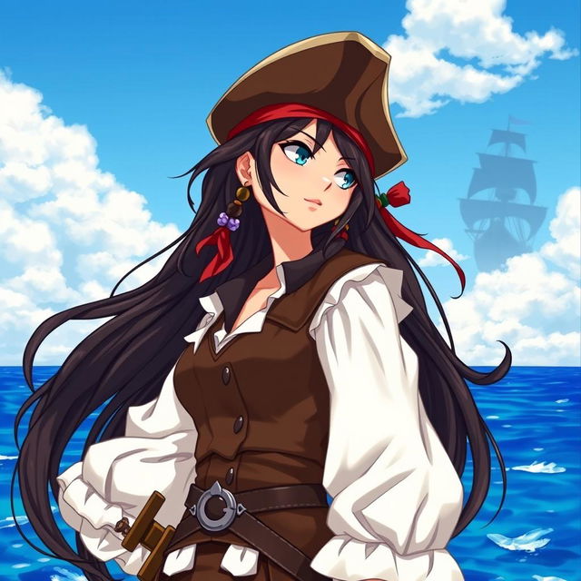A fierce pirate girl with long, flowing dark hair adorned with beads, wearing a classic pirate outfit consisting of a fitted leather vest and a billowing white blouse