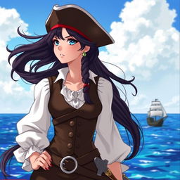 A fierce pirate girl with long, flowing dark hair adorned with beads, wearing a classic pirate outfit consisting of a fitted leather vest and a billowing white blouse