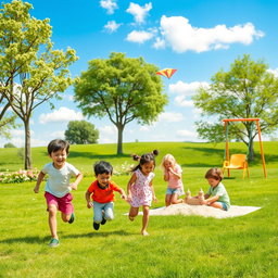 A vibrant and joyful scene of children playing in a sunny park