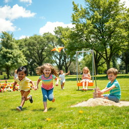 A vibrant and joyful scene of children playing in a sunny park