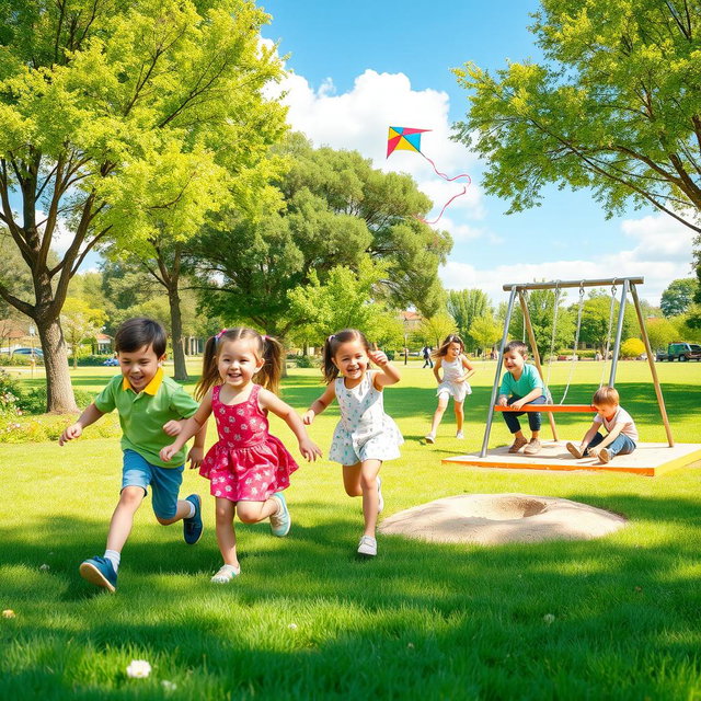 A vibrant and joyful scene of children playing in a sunny park