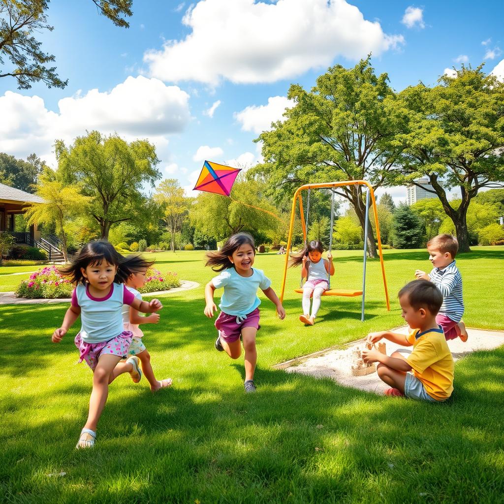 A vibrant and joyful scene of children playing in a sunny park
