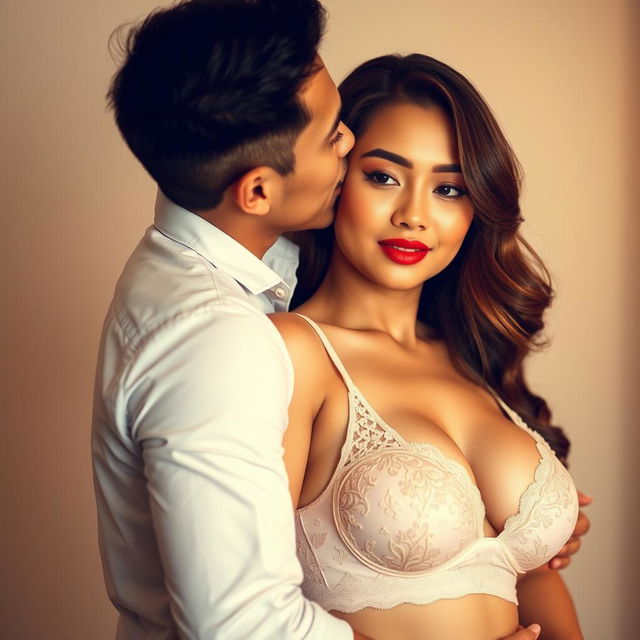 A 39-year-old Indonesian man with pure white skin is tenderly hugging a beautiful 28-year-old woman from behind as he kisses her cheek affectionately