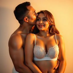 A 39-year-old Indonesian man with pure white skin is tenderly hugging a beautiful 28-year-old woman from behind as he kisses her cheek affectionately