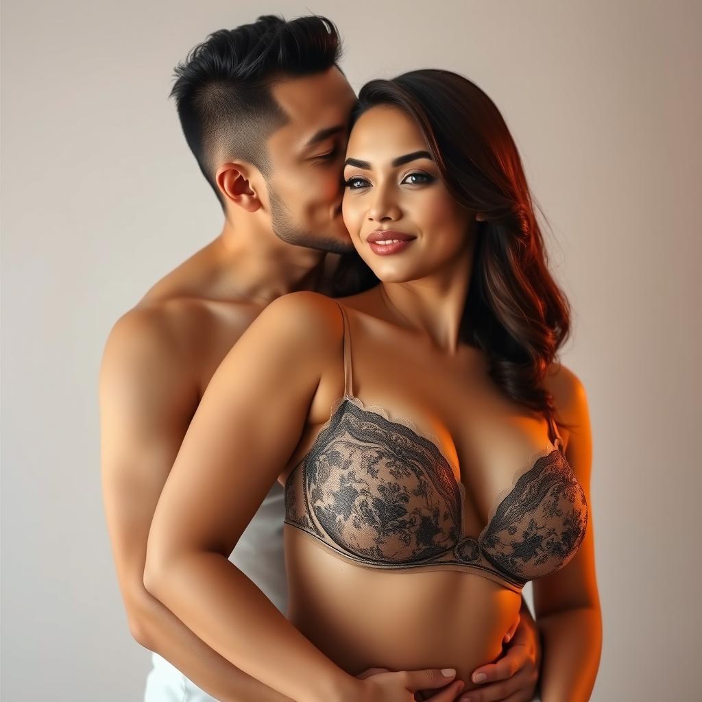 A 39-year-old Indonesian man with pure white skin is tenderly hugging a beautiful 28-year-old woman from behind as he kisses her cheek affectionately