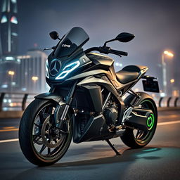 A striking, futuristic Mercedes motorcycle with a brutal design, featuring sharp angles and an aggressive silhouette, combining advanced technology with an avant-garde aesthetic